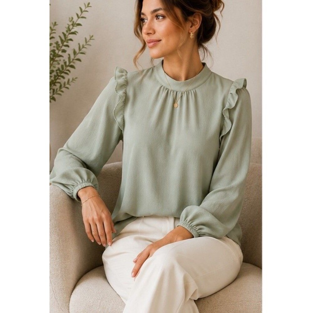 VILA Sage Green Ruffle Shoulder Blouse Women Size 36 Mock Neck Long Sleeve